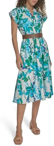 Calvin Klein Womens Cap Sleeve V-Neck Belted Midi Cotton A-line Dress
