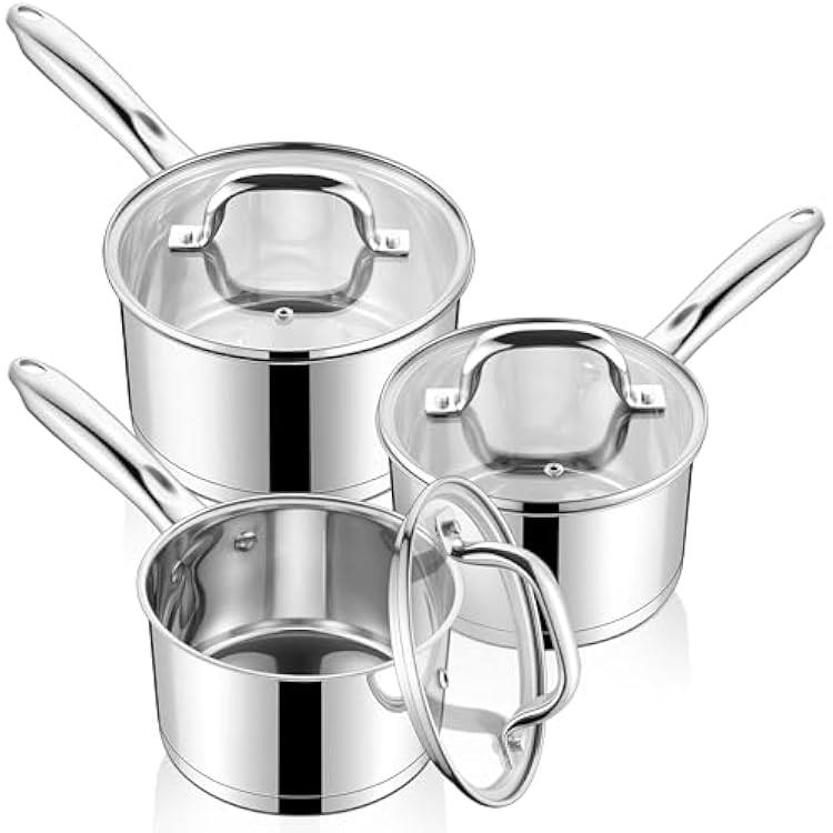 LIANYU Stainless Steel Saucepan Set of 3, 1QT & 2QT & 3QT Sauce Pan with Lids, Induction Compatible Cooking Pots, Heavy Duty Small Soup Milk Butter Pot, Oven & Dishwasher Safe, Healthy & Non-Toxic