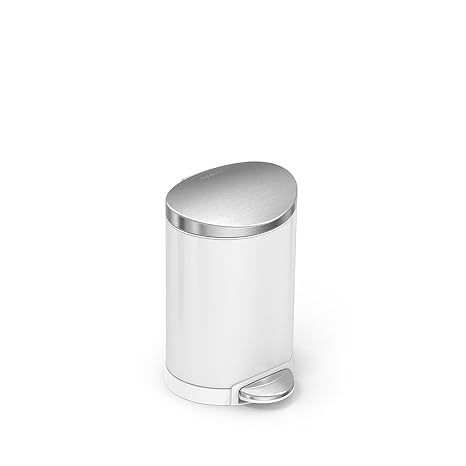 simplehuman 6 Liter / 1.6 Gallon Semi-Round Bathroom Step Trash Can, White Steel
