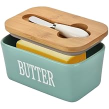 Large Butter Dish with Lid for Countertop,Ceramic Butter Container with Knife Airtight Cover,Butter Keeper for Kitchen Counter or Fridge,Butter Holder Storage,Farmhouse Decor (Green, Large)