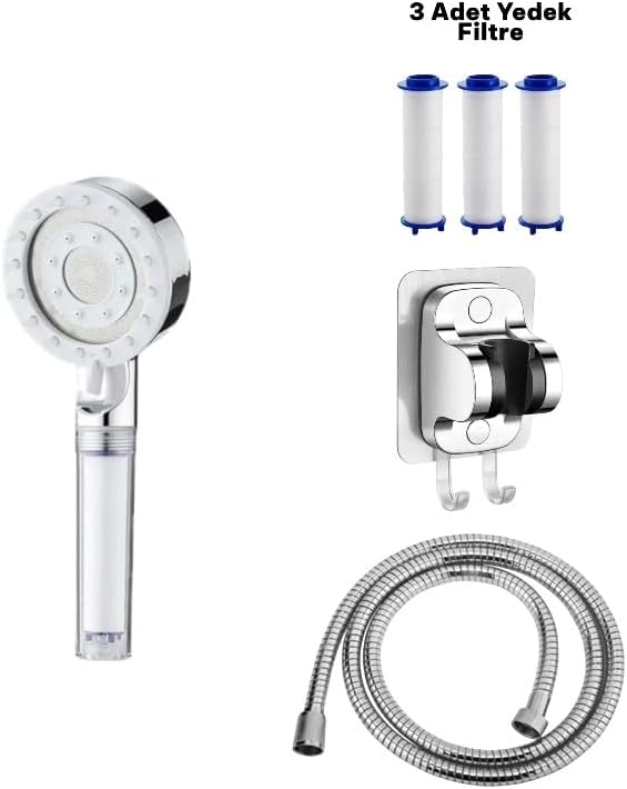 4'lü Duş Seti, Gri Filtreli Duş Başlığı, 150 cm Örgülü Hortum, Yapışkanlı Askı Aparatı ve 3 Yedek Filtre, Gri