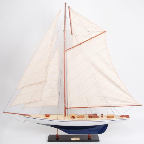 Old Modern Handicrafts Defender Painted Medium Sailboat Schooner Yacht Model - Fully Assembled - Exquisite Nautical Decor for Home & Office - 23.6L x 4.5W x 29.5H Inches