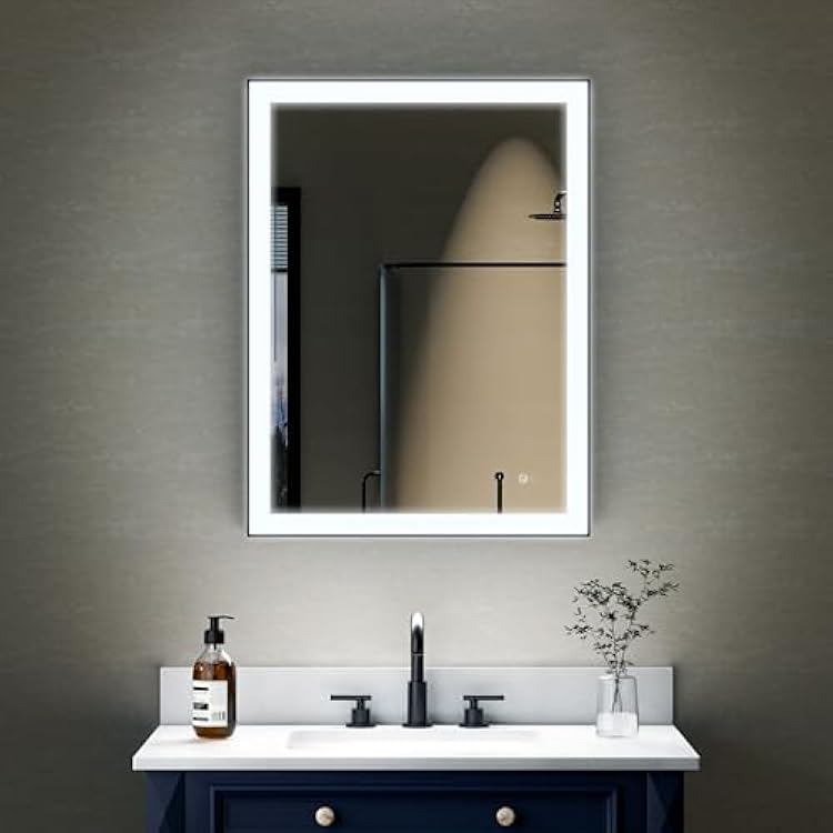 WELLFOR 24 x 32 Inch Wall-Mounted Framed Bathroom Vanity Mirror, Led Bathrrom Mirror, Smart Mirror with Lights for Bathroom, Dimmer Defogger Included, VerticalHorizontal Installation, Matte Black