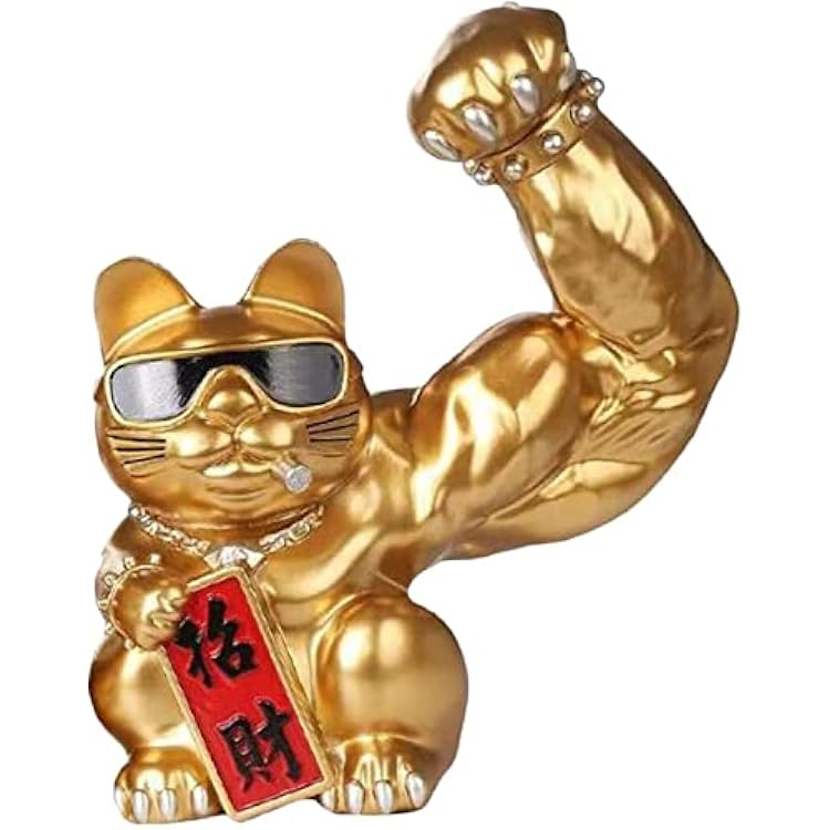 Lucky Cat Figurine Muscle Arm Cat Statue Resin Cat Sculpture Feng Shui Wealth Ornaments for Home Shop Decoration - Left Hand