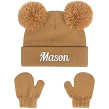 Personalized Baby Beanies Hats, Custom Knitted Toddler Winter Double Pompom Hat