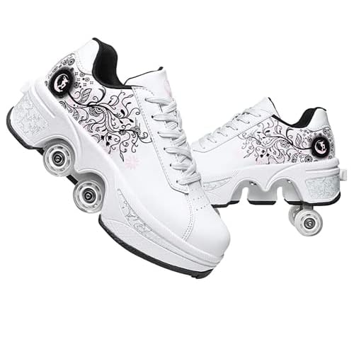 Roller Skates for Women Outdoor, Parkour Shoes with Wheels for GirlsBoys Automatic Walking Shoes Invisible Deformation Roller Skate 2 in 1 Removable Pulley Skates Recreation Sneakers