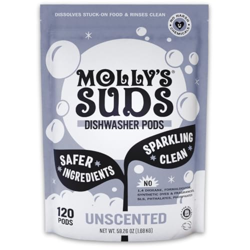 Mollys Suds Dishwasher Pods | Clean Dishwasher Detergent, Cuts Grease & Rinses Clean Residue-Free for Sparkling Dishes | 120 Auto-Release Tabs Unscented