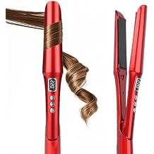 2-in-1 Hair Straightener and Curler with Titanium Plates, Ceramic Flat Iron for Smooth or Curly Styles, Fast Heat-Up, Negative Ions, Dual Voltage Travel Design (Red)