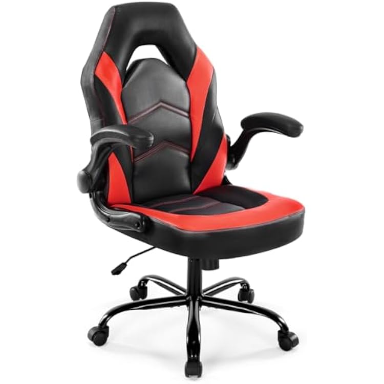 DUMOS Ergonomic Computer Gaming Chair - Home Office Desk with PU Leather Lumbar Support, Height Adjustable Big and Tall Video Game with Flip-up Armrest, Swivel Wheels for Adults and Teens