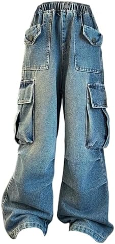 Teen Girls Streetwear Cargo Jeans Baggy Elastic High Waist Wide Leg Denim Pants Fall Trendy Casual Trousers Clothes