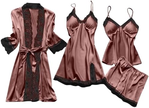 Generic Pajamas for Women Silk Pajama Set 4pcs Robe Babydoll Lingerie Satin Sleepwear Nightdress Sexy Lace Nightgowns Sets