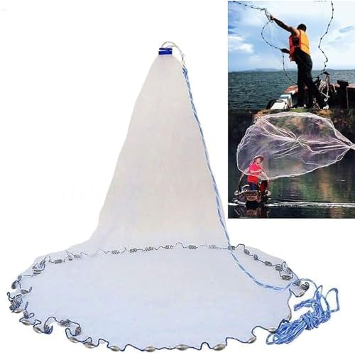 Yeahmart American Saltwater Fishing Cast Net for Bait Trap Fish 3ft4ft5ft6ft7ft8ft9ft10ft Radius Freshwater Casting Nets with Heavy Duty Real Zinc Sinker Weights, 38inch Mesh Size