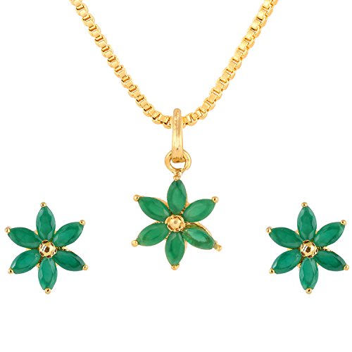 Efulgenz Green Floral Cubic Zirconia Mangalsutra Pendant Necklace Earrings Jewelry Set for Women