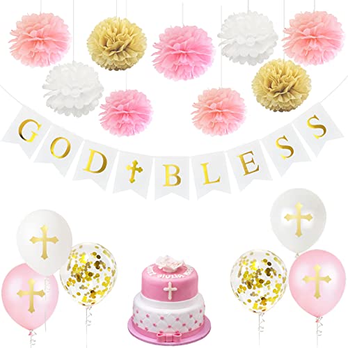 CHRORINE Baptism First Communion Confirmation Decorations for Girls, Bautizo Decorations, God Bless Banner, Balloons- Pink Set