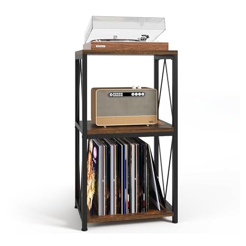 Y&M Record Player Stand with Vinyl Storage, 3-Tier Shelf Display Table for Album CD, Turntable Holder, End Table for Bedroom, Living Room, Office, Rustic Brown