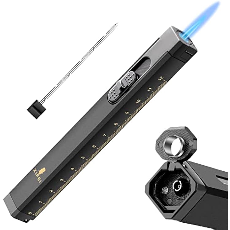 TISFA Cigar Lighter, Cigar Punch, Cigar Draw Enhancer, Cigar Length Measuring Tools, All-in-one Refillable Butane Lighter, Windproof and Portable Pen Torch Lighter Black