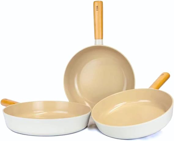 NEOFLAM FIKA 3-Piece Kitchen Essential Stir Frying Pan Wok Set with Wood Handle, Nonstick Ceramic Coating Skillet, Induction Compatible, Made in Korea