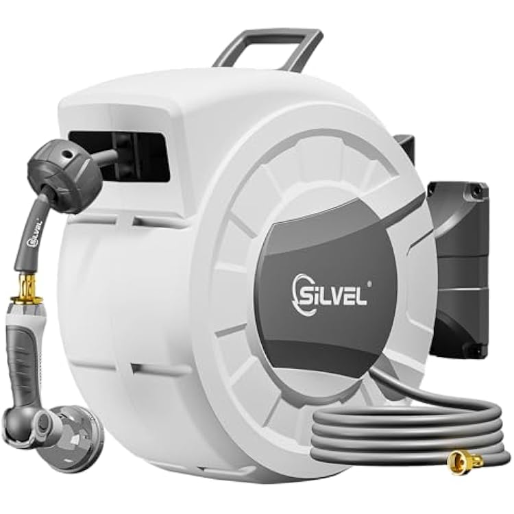 Retractable Garden Hose Reel, 12 x 100ft Wall Mount Heavy Duty Automatic Hose Reel with 10 Pattern Nozzle, Any Length Lock & Slow Return System, 180Swivel Bracket Upgraded UV Resistant,Light Grey