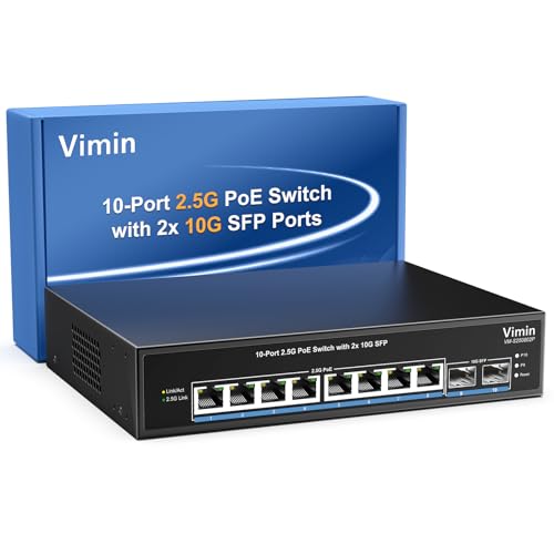 8 Port 2.5G PoE Switch Unmanaged, VIMIN 10x 2.5G Base-T PoE Switch, 2X 10G SFP PoE Switch IEEE802.3afat, 80Gbps Ethernet Switching Capacity, 150W Switch for 2.5Gb NASPC, Metal Housing, Fanless