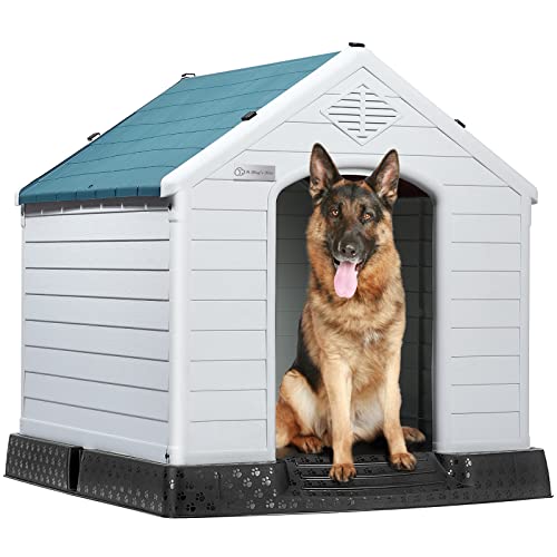 LEMBERI Durable Waterproof Plastic Dog House for Small to Large Sized Dogs, Indoor Outdoor Doghouse Insulated Puppy Shelter with Elevated Floor, Easy to Assemble Blue, 34L31W32H