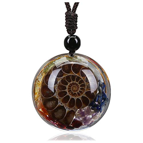 Jovivi 7 Chakra Gemstone Reki Healing Crystal Necklace Round Circle Shape Ammonite Fossil Resin Chip Stones Pendant Necklace for Women Men Life Tree Jewelry Christmas Gifts