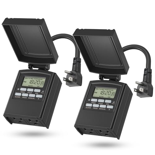 BN-LINK 7 Day Outdoor Heavy Duty Digital Programmable Timer, Outdoor Timer Outlet Waterproof, 2 Grounded Electrical Outlets for Christmas Lights, ETL Listed2 Pack