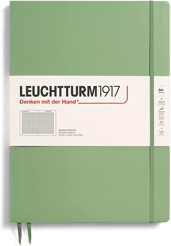 LEUCHTTURM1917 - Notebook Hardcover Master Slim A4+ 123 Numbered Pages for Writing and Journaling (Sage, Squared)