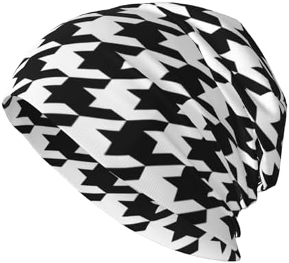 Black White Houndstooth Pattern Beanie Chemo Cancer Headwear Hats for Women Men Slouchy Beanies Skull Cap Turban