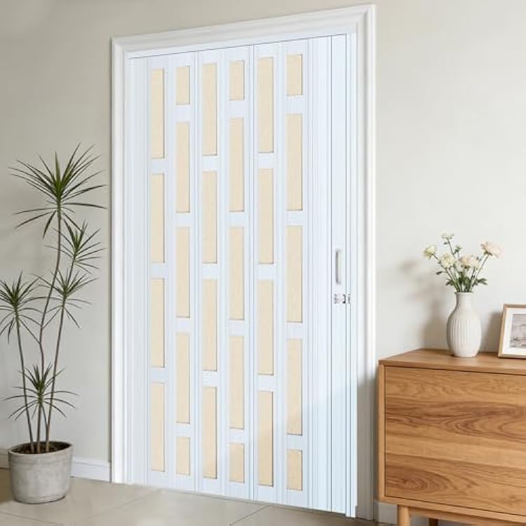 DIYHD 48X96in Glass Accordion Door, Double-Layer PVC Folding Door with Frosted Acrylic Panel for Privacy & High Light Transmission Ideal for Large Openings, Space-Saving Closet & Room Divider