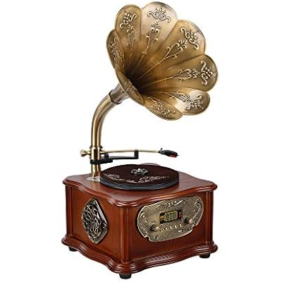Wooden Gramophone Vinyl Record Player Speakers System Control 3345 RPM FM AUX USB Ouput Bluetooth 4.2