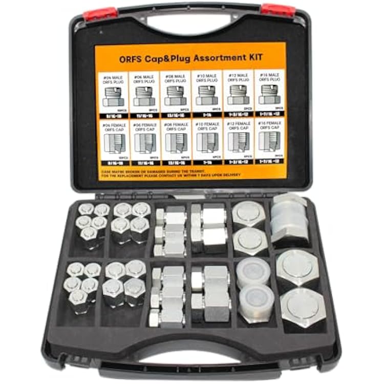 64 Pcs. O-Ring Face Seal Cap & Plug Assortment Kit, Seal Adapter Set for Hydraulic Hose Tube and Pipe, ORFS Fittings, Galvanized Carbon Steel with Precision Threading, Dash Sizes 4 6 8 10 12 16