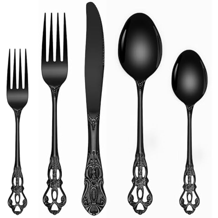 Black Flatware Set, Ollex 20 Pcs Retro Royal Black Silverware Set for 4 with Mirror Polish Stainless Fork Spoons Knives Vintage Cutlery Set for Kitchen Party Utensils Set, Dishwasher Safe