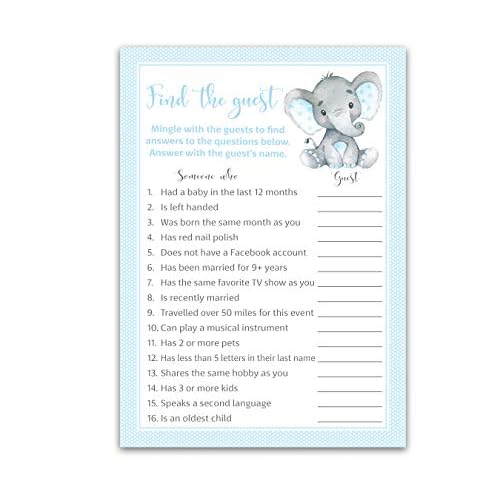 FIND THE GUEST Baby Shower Game Pack of 25 BLUE Elephant BOY Shower Activity, Icebreaker Games, Guess Who Came to the party, Baby Shower Quiz Couples Shower, Gender Reveal G501-FTG