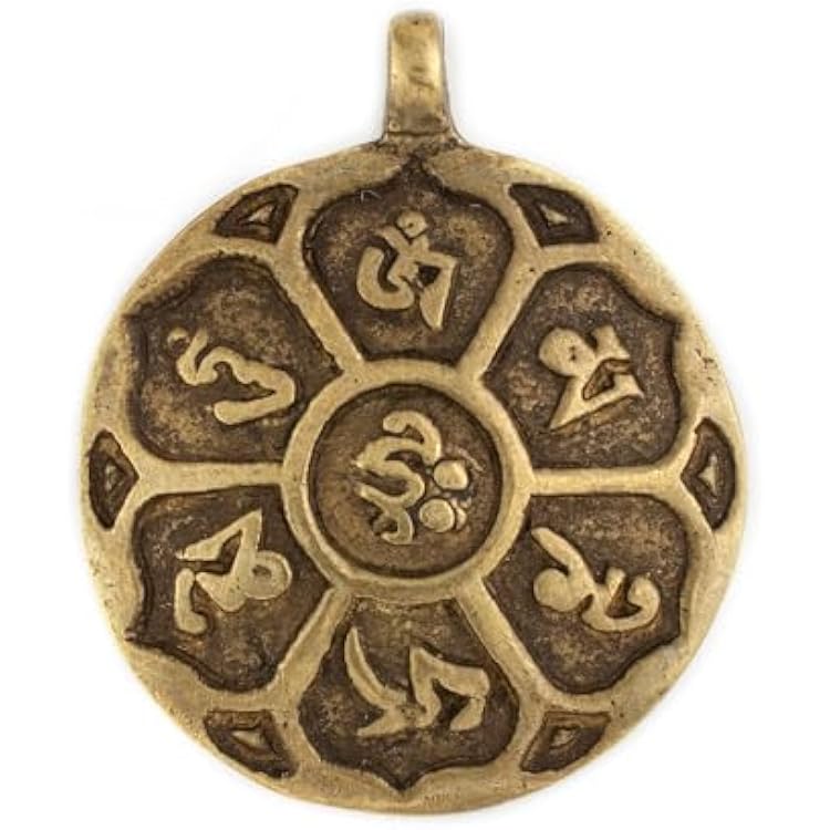 The Bead Chest Antiqued Brass Circular Om Mani Padme Hum Pendant 60x50mm Large Hole