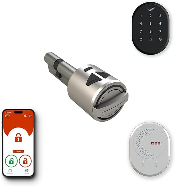 Desi Utopic R+ Akıllı Kilit, Telefondan Kontrol ve Şarj Edilebilir Pilli Akıllı Kapı Kilidi - Kolay Montaj, Deliksiz Montaj (Utopic R + WiFi Köprü + Tuş Takımı) (Google Home ve Alexa Uyumlu)