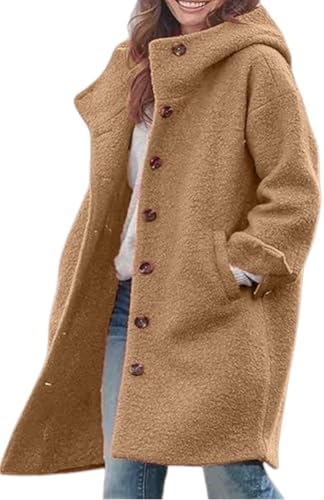 Long Trench Coat Women With Hood, Womens Winter Wool Blend Peacoat Notch Lapel Single-Breasted Overcoat Stand Collar Blazer