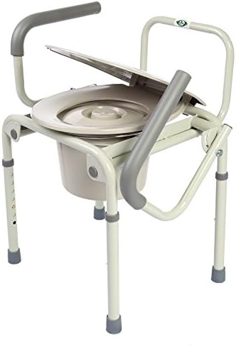 HEALTHLINE 3 in 1 Commode, Drop Arm Folding Bedside Commode Deluxe, Medical Commode Chair Toilet Seat with Safety Frame Commode Bucket and Splash Guard and Armrests