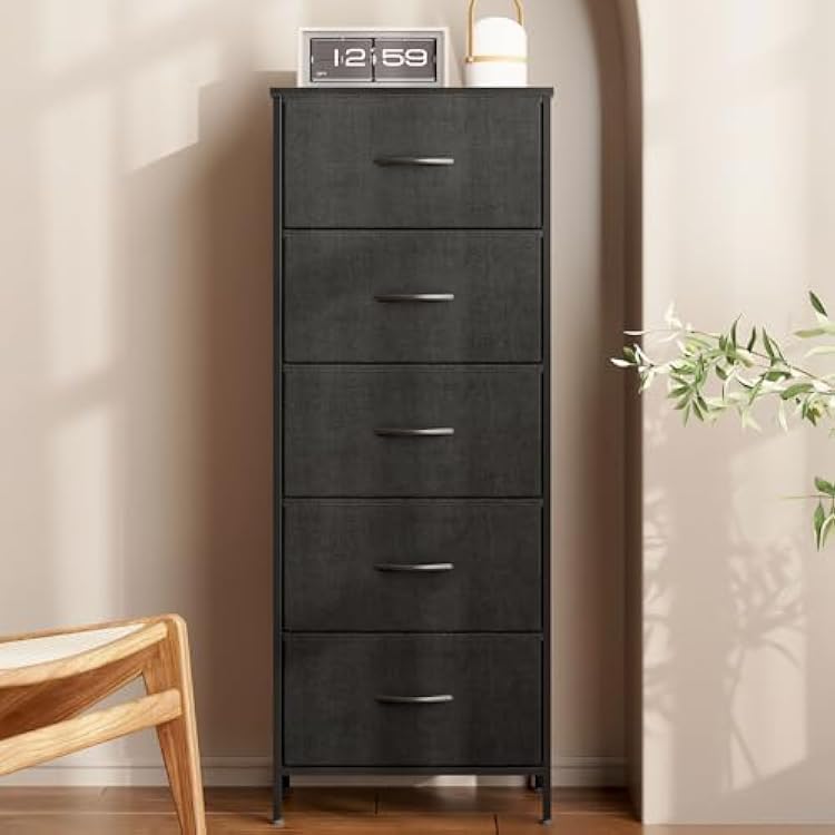 AODK Dresser for Bedroom with 5 Storage Drawers, 48 Tall Dresser Chest of Drawers Fabric Dressers with Sturdy Steel Frame, Black