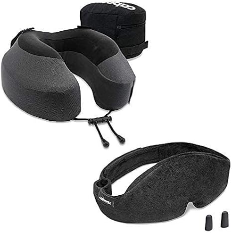 Cabeau Travel Neck Pillow and Eye Mask Set, Memory Foam Neck and Head Support Pillow for Traveling, Airplane, Car Headrest, Office Chair, Blackout Sleep Mask for Home and Travel, Sleeping Earplugs Inc