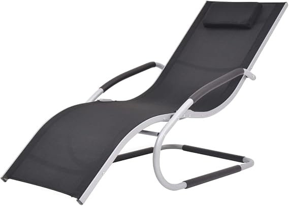 Sun Lounger with Pillow Aluminum and Textilene Black, Sunbathing Recliner, Comfortable Patio Sun Lounger Chair with Adjustable Backrest for Outdoor Relaxation