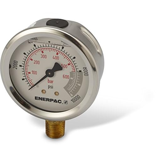 Enerpac G2535L Hydraulic Pressure Gauge with Dual 0 to 10,000 PSI and 0 to 700 Bar Range, 2-12-Dia. Face, 14 NPTF Male, Lower-Mount Connection