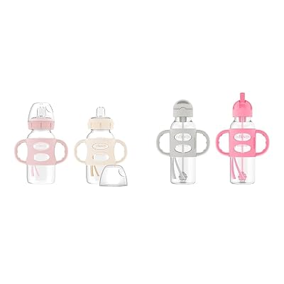Dr. Browns Milestones Wide-Neck Sippy Bottle with 100% Silicone Handles & Milestones Narrow Sippy Straw Bottle with 100% Silicone Handles, 8oz250mL, Gray & Pink, 2 Pack, 6m