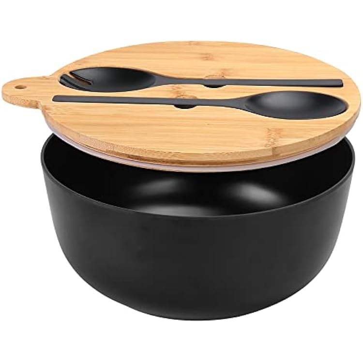 ShineMe Salad Bowl with Lid, 125oz Black Large Salad Mixing Bowl Set with Utensils, Bamboo Fiber Airtight Kitchen Bowl for Storing, Mixing & Serving & Travelling Indoor & Outdoor