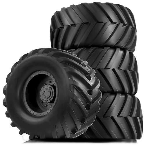 4PCS RC Monster Truck Tires and Hard Plastic Wheels Rims 12mm Hex Rubber Buggy Off Road Tyres with Foam for 1:10 Scale Truck Car Traxxas VXL 2WD Hoss 4x4 HSP HPI Tamiya Kyosho Black
