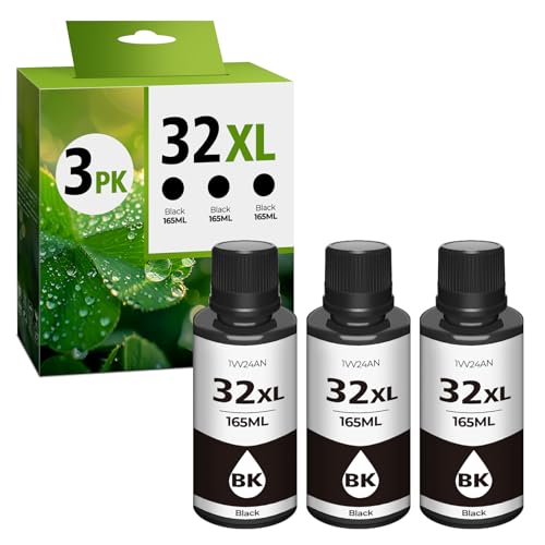 32XL Black Ink Bottle Compatible with HP Smart Tank 5101 651 7602 5000 6001 7001 5103 7301 7302 7006 5102 7002 Refill Ink Compatible with 32XL Black Ink Bottle,1VV24AN,165ML 32 XL Refill Ink, 3Pack
