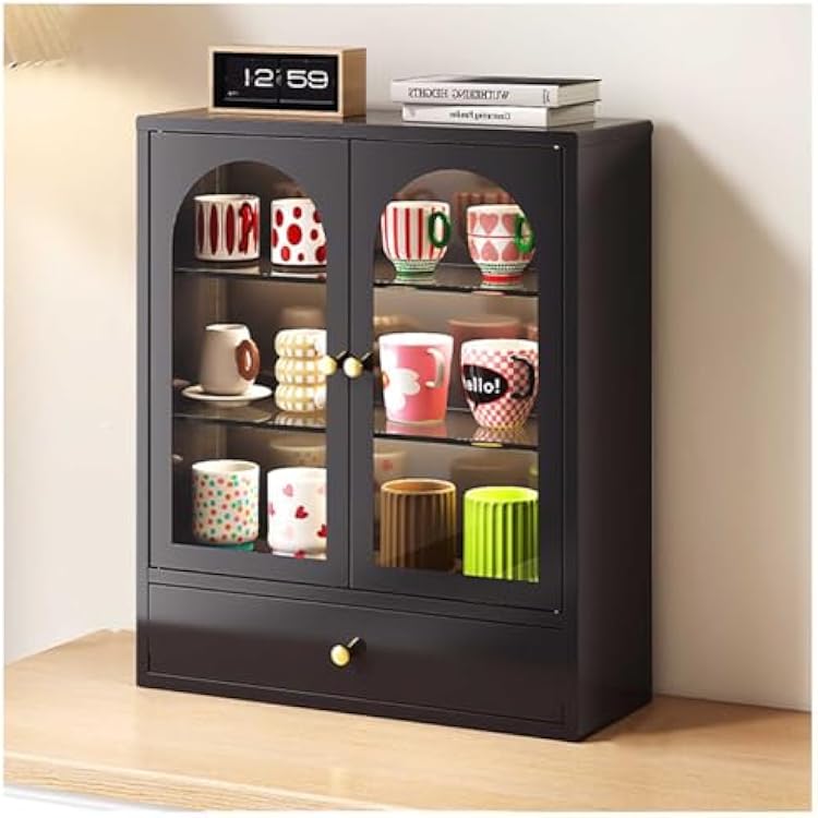 White Wall Mounted Metal Locker with Double Glass Door, Steel Display Cabinet with Glass Rack, for Dathroom,Home, Display Cabinet with Drawers, Black