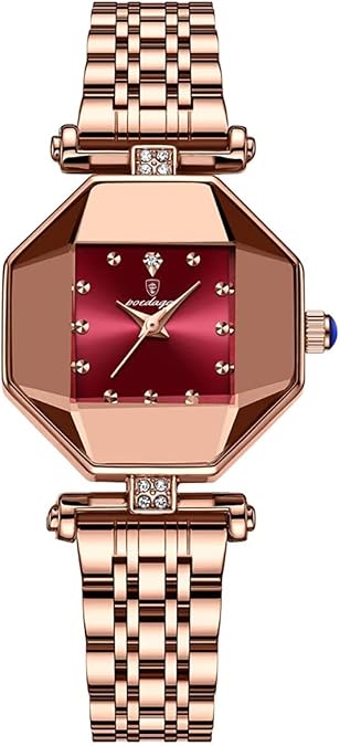 MASTOP Brand Luxury Quartz Octagonal Design Women Watch Classic Simple Stainless Stain Waterproof Watch (Red)