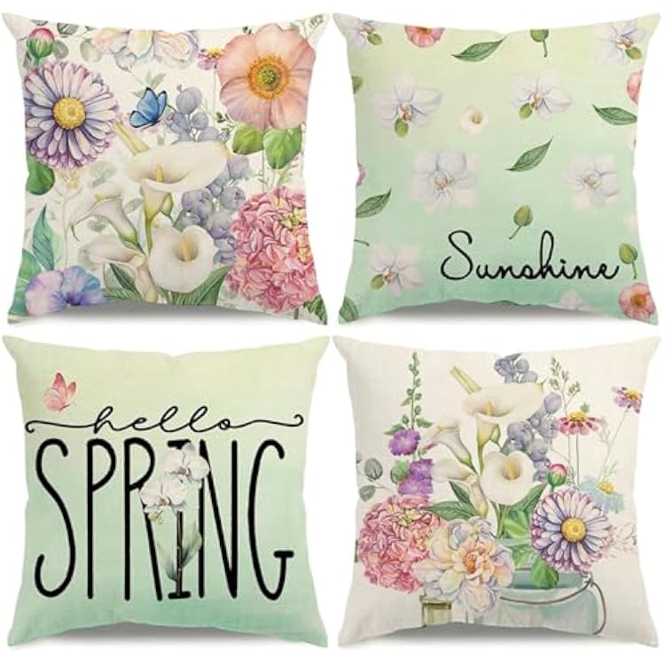 Spring Pillow Covers 18x18 Floral Butterfly Hello Spring Decorations Flowers Green Throw Pillow Covers Sunshine Farmhouse Cushion Case for Sofa Couch Set of 4