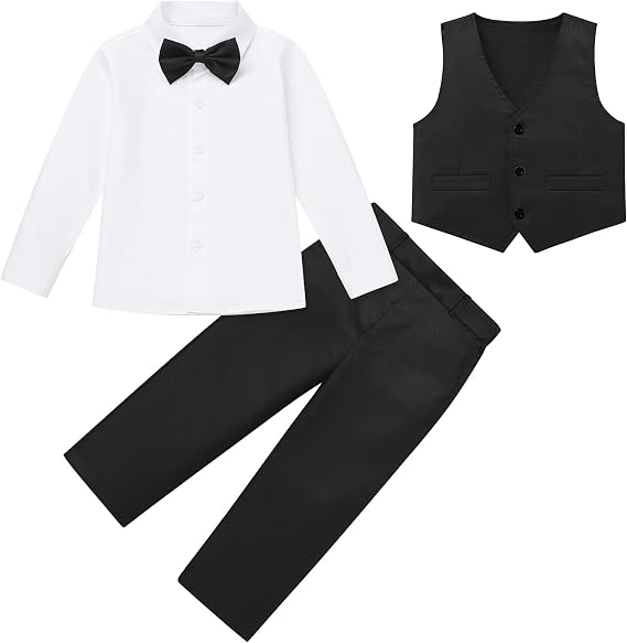 IDOPIP Toddler Kids Baby Boys Formal Suit Gentleman Outfit Long Sleeve Shirt with Bowtie + Vest + Pants Overalls Clothes 2-8T