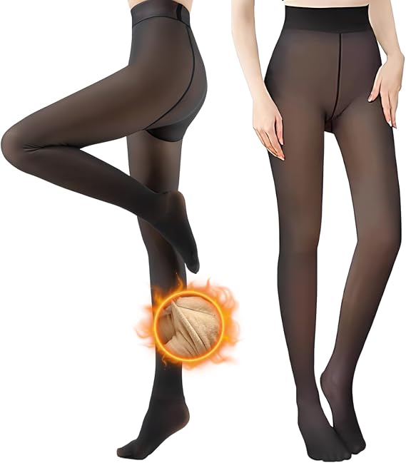 BDLLMDES Fleece Lined Tights for Women, Warm Fake Sheer Pantyhose Leggings Women, Thick Translucent High Waisted Thermal Stockings for Winter Dresses, Black 300g S/M